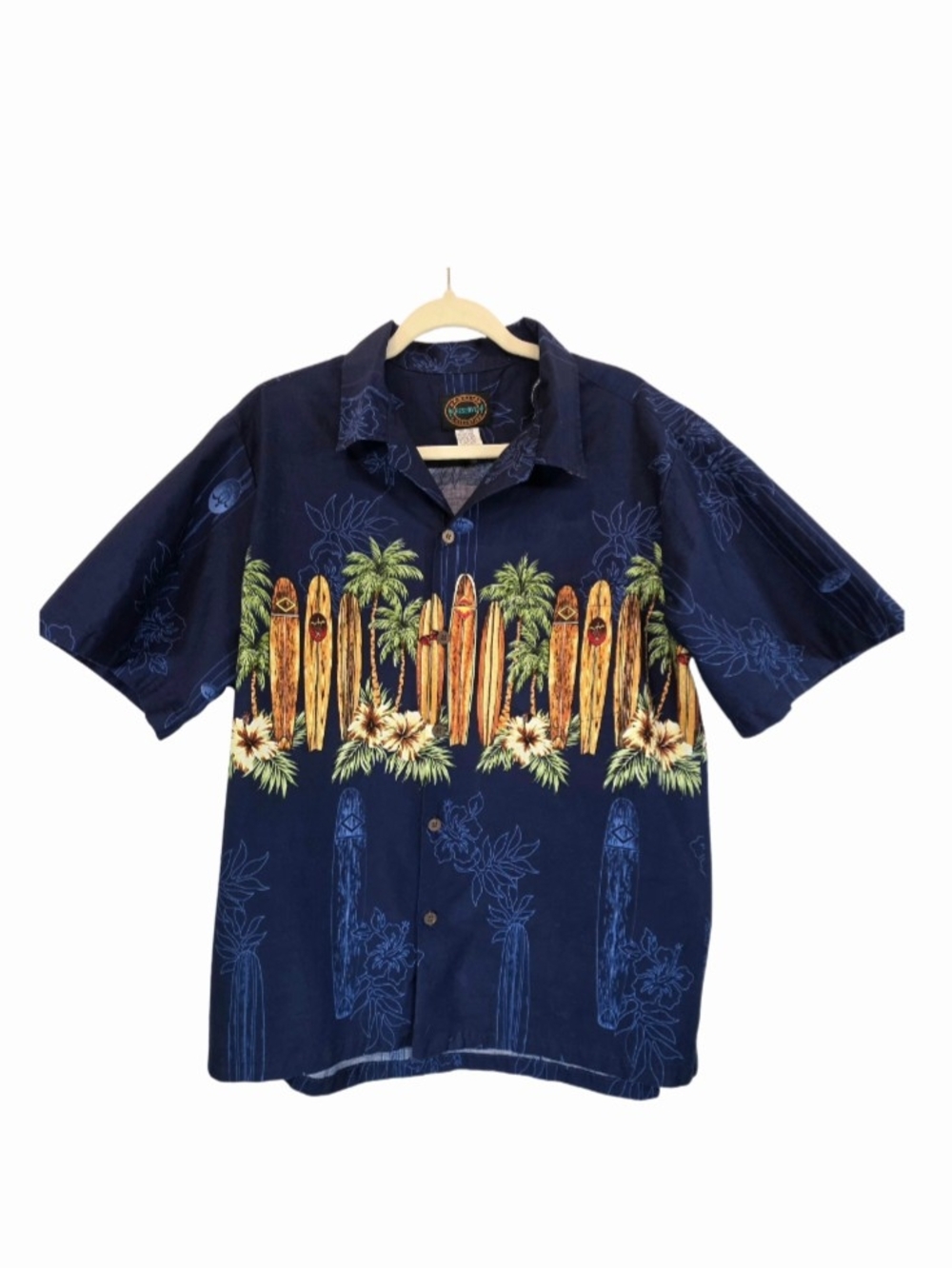 Hawaiian Reserve Collection Men's Tropical Navy Surfboard Summer Shirt Size L